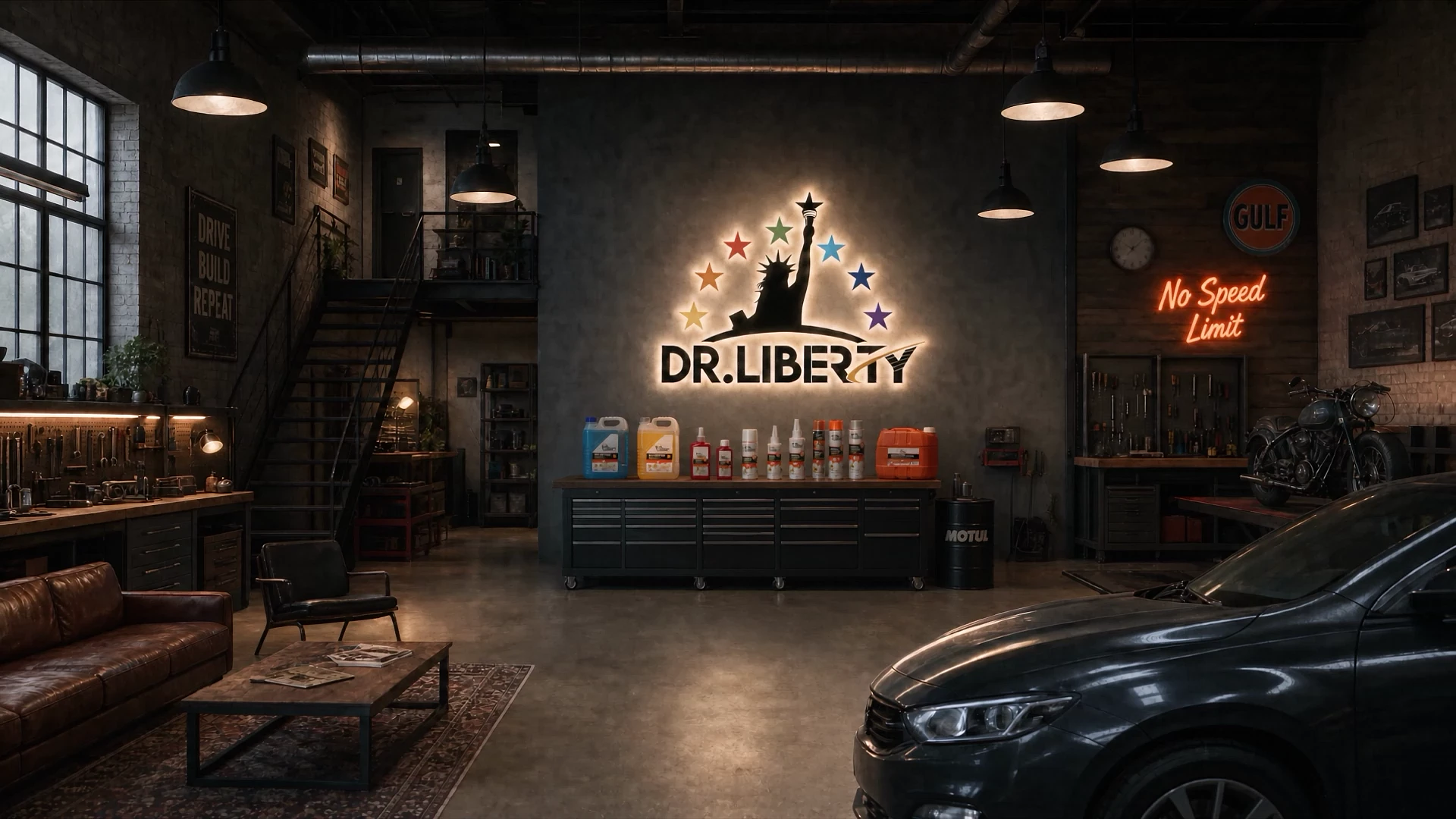 Dr. Liberty atölyesi — ışıklı marka logosu, ürün rafı ve kaputu açık araç